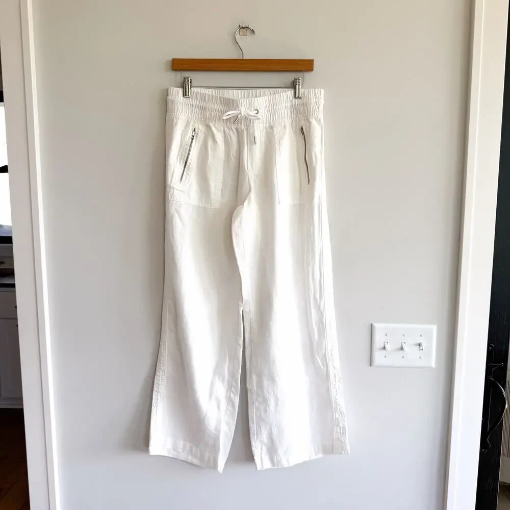 Athleta Cabo Linen Drawcord Waist Wide Leg Pants White 6
